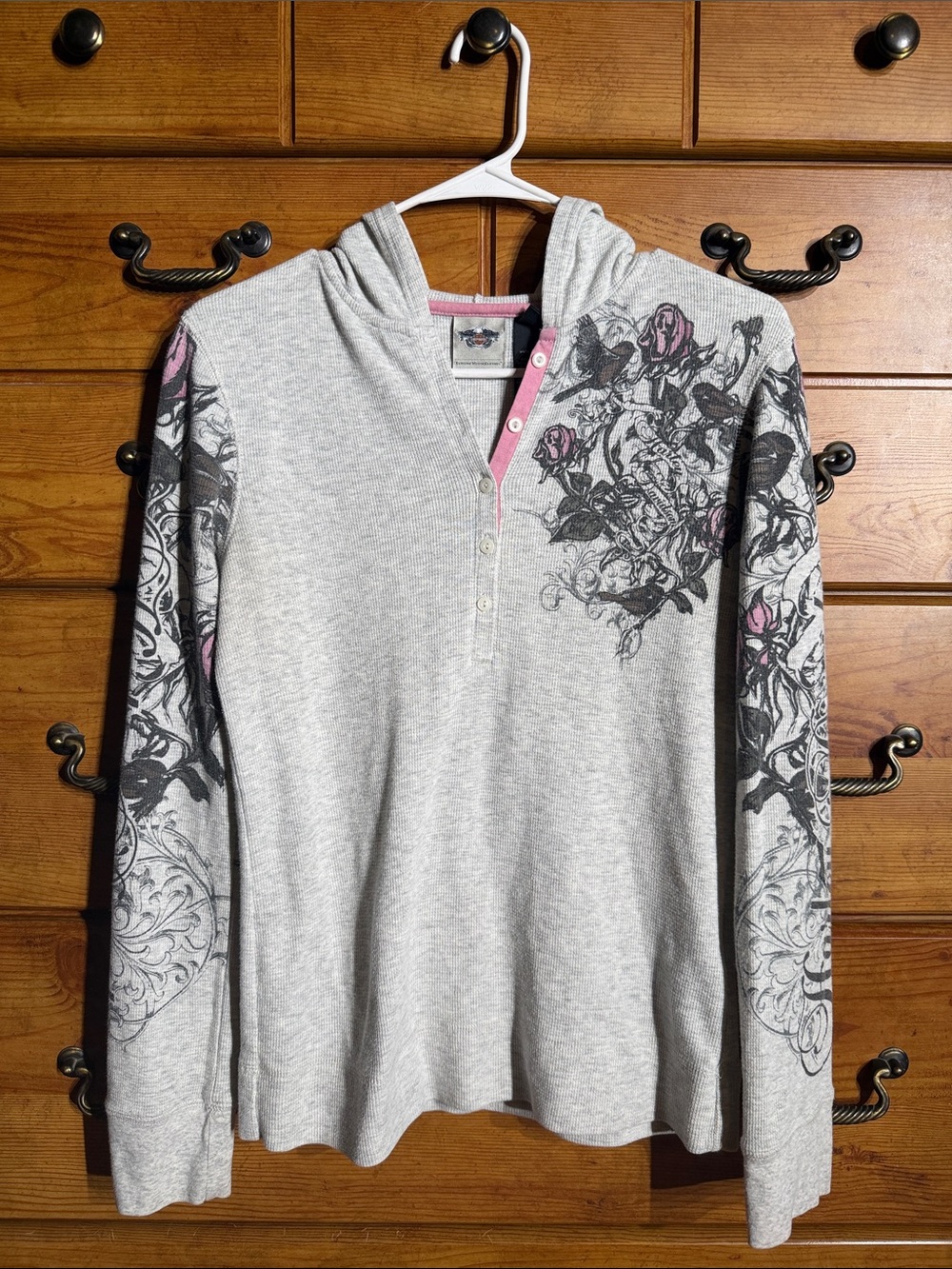 Harley-Davidson Gray Hooded Henley Sweater with Black & Pink Floral Graphics